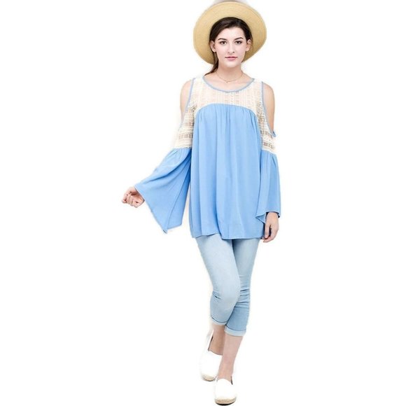 Kori America Lace Keyhole Sleeve Top, Blue - Picture 2 of 6